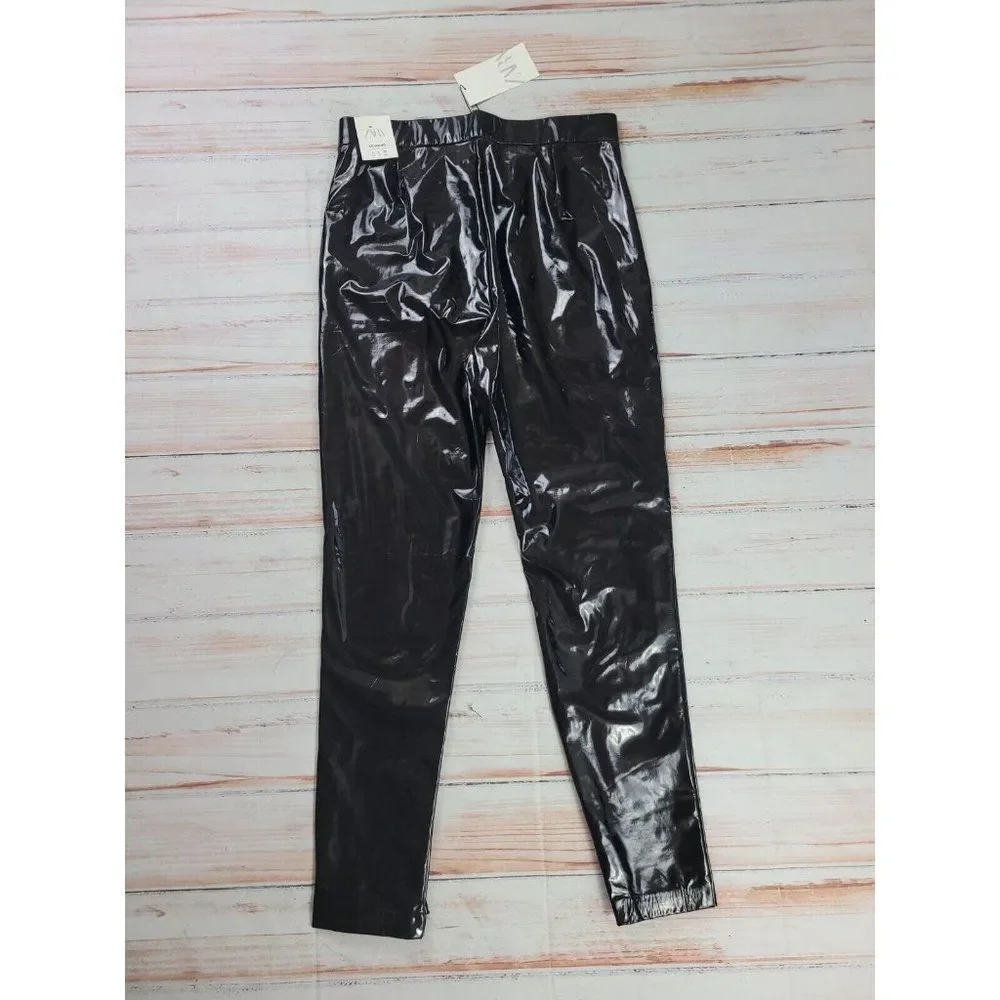 Zara Woman Faux Leather Shinny Vinyl Black Relaxed Fit Moto Biker Pants Size L - Picture 3 of 11